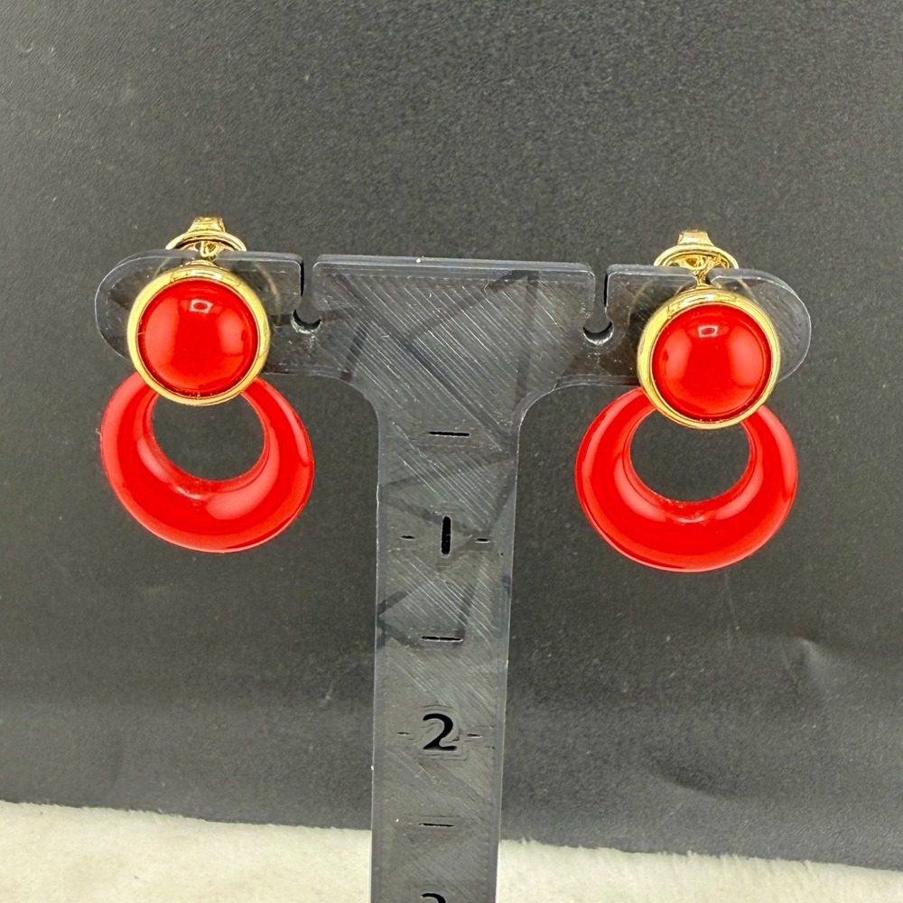 Vintage‎ Trifari Clip On Earrings Door Knockers Gold Tone Red Acrylic